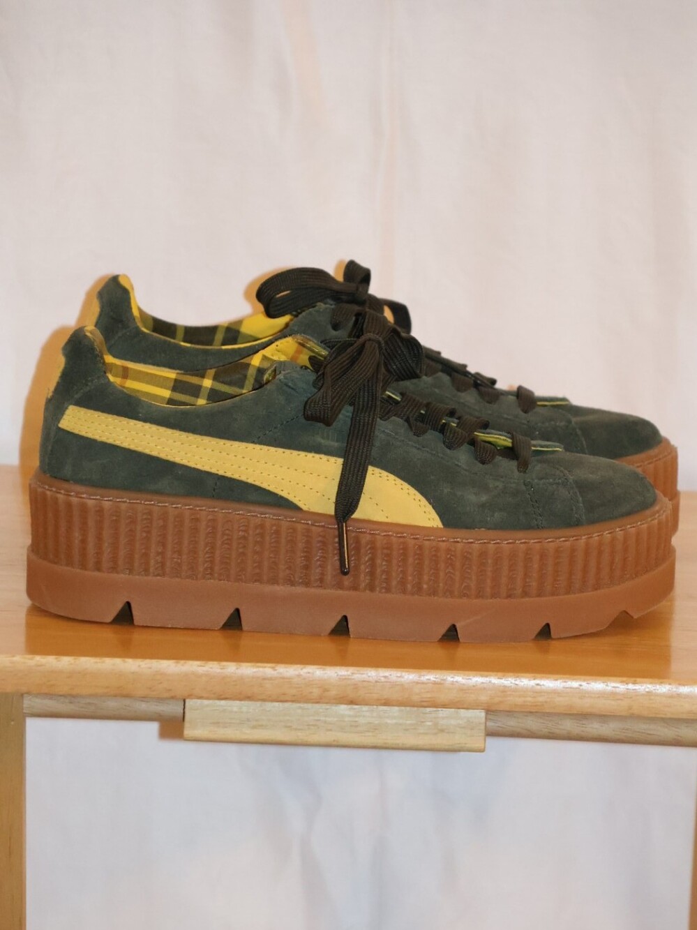 Puma FENTY by Rihanna Green & Yellow Cleated Creeper Suede Platform Sneakers.